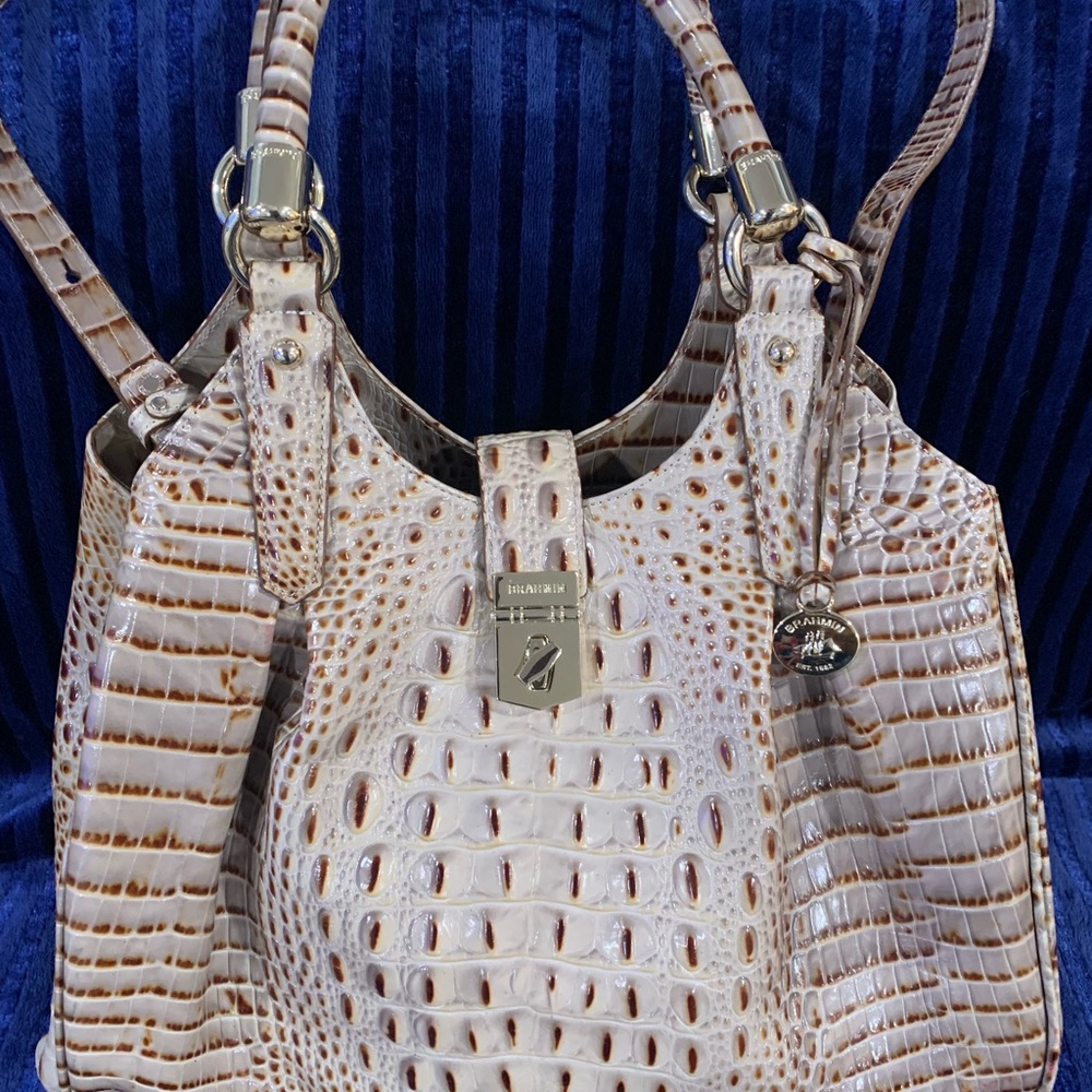 Brahmin Elisa Tan & Brown Crocodile Embossed Shoulder Bag